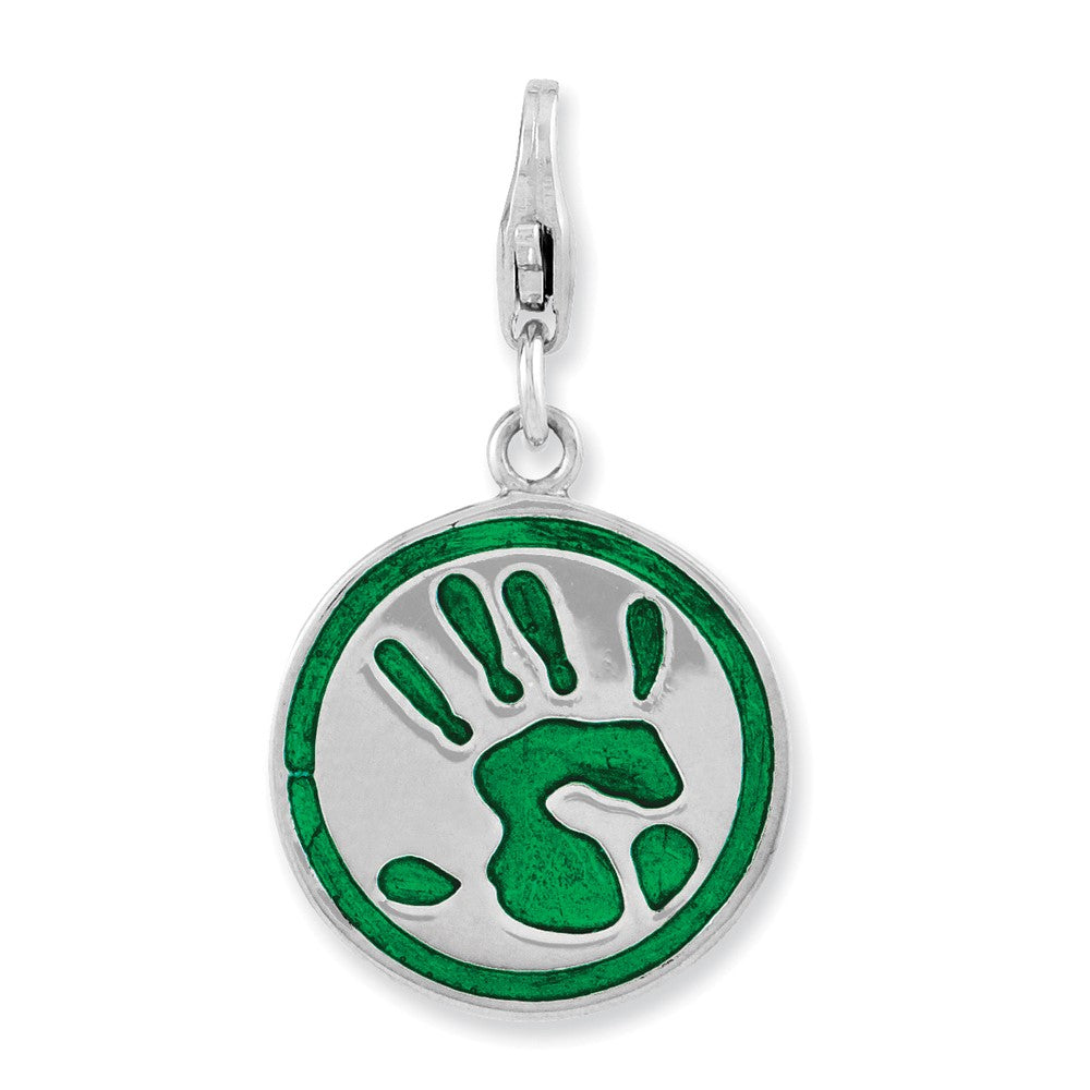 Amore La Vita Sterling Silver Rhodium-plated Polished 3-D Enameled Reversible Handprint GO GREEN Charm with Fancy Lobster Clasp, 27 x 16 mm