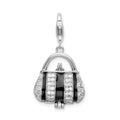 Amore La Vita Sterling Silver Rhodium-plated Polished 3-D Moveable Black Enameled CZ Handbag Charm with Fancy Lobster Clasp, 21 x 17 mm