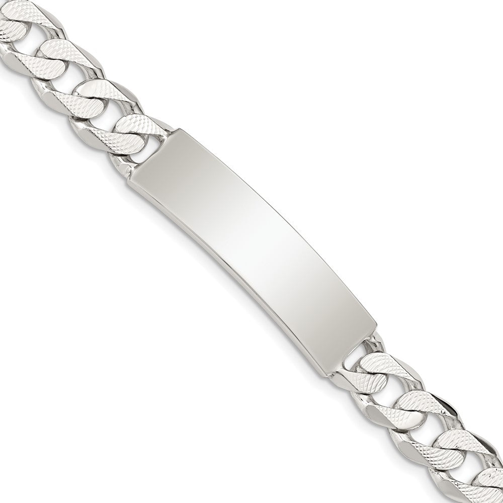 Sterling Silver Polished Engraveable Patterned Curb Link ID Bracelet, 8 x 9 mm