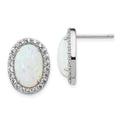 Cheryl M Sterling Silver Rhodium-plated Cabochon Lab Created Opal and Brilliant-cut CZ Oval Halo Post Earrings, 15 x 12 mm