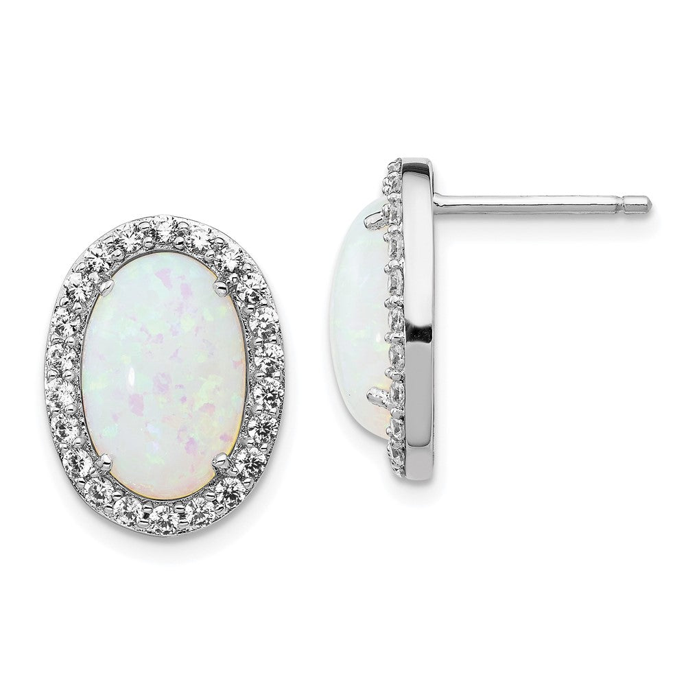 Cheryl M Sterling Silver Rhodium-plated Cabochon Lab Created Opal and Brilliant-cut CZ Oval Halo Post Earrings, 15 x 12 mm