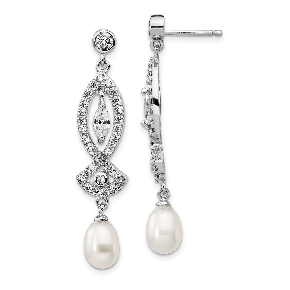 Cheryl M Sterling Silver Rhodium-plated Teardrop Freshwater Cultured Pearl and Marquise-cut/Brilliant-cut CZ Post Dangle Earrings, 42 x 10 mm