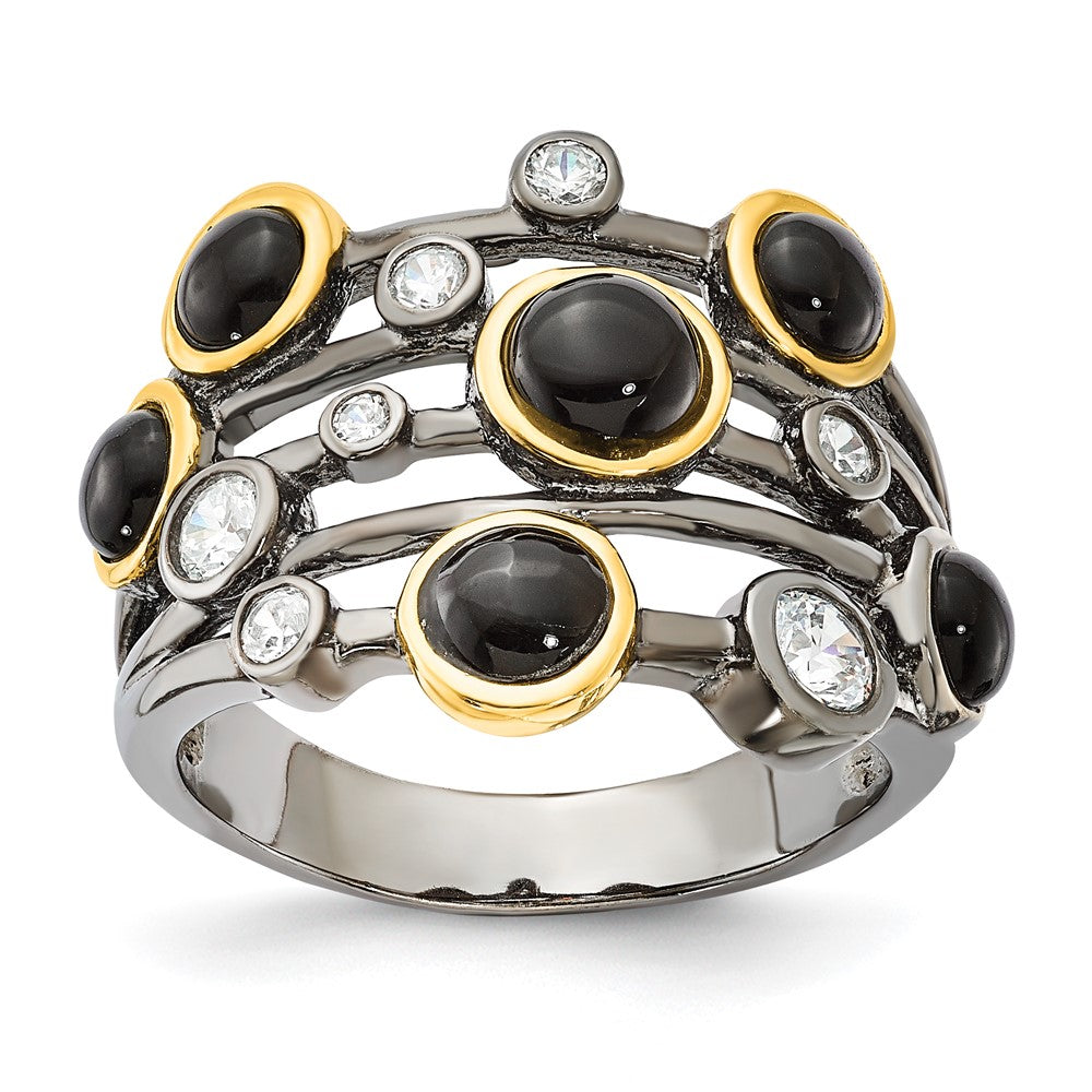 Cheryl M Sterling Silver Black Rhodium w/Gold-Plating Onyx & CZ Ring, Size 8, 18.8 mm