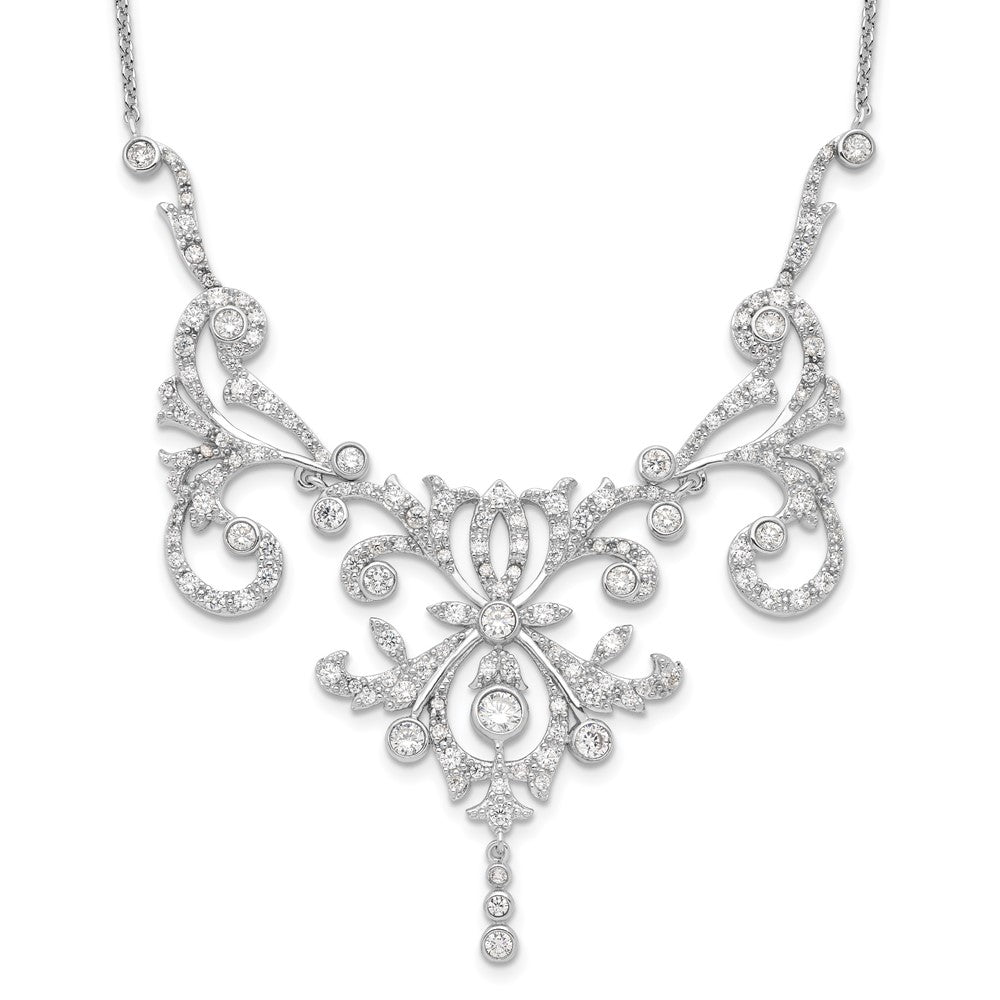 Cheryl M Sterling Silver Rhodium-plated Brilliant-cut CZ Bezel Fancy Scroll 17 Inch Necklace with 2 Inch Extender, 19 x 73 mm