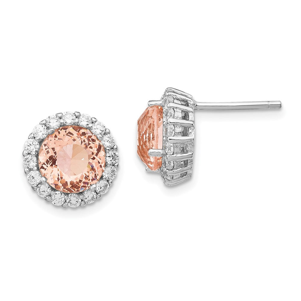 Cheryl M Sterling Silver Rhodium-plated 100 Facet Simulated Morganite and White Brilliant-cut CZ Halo Post Earrings, 12 x 12 mm