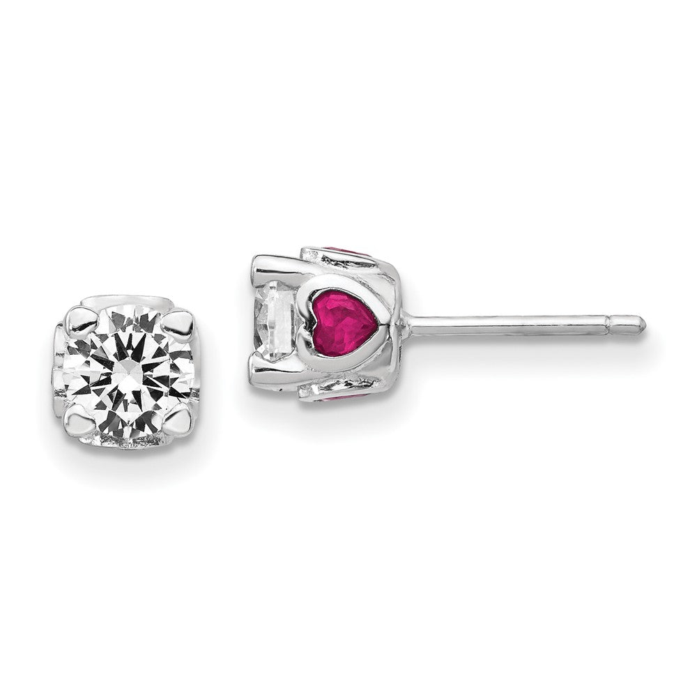 Cheryl M Sterling Silver Rhodium-plated Brilliant-cut Lab Created Ruby and Brilliant-cut White CZ with Heart Sides Stud Post Earrings, 0.53 ct, 6 x 6 mm