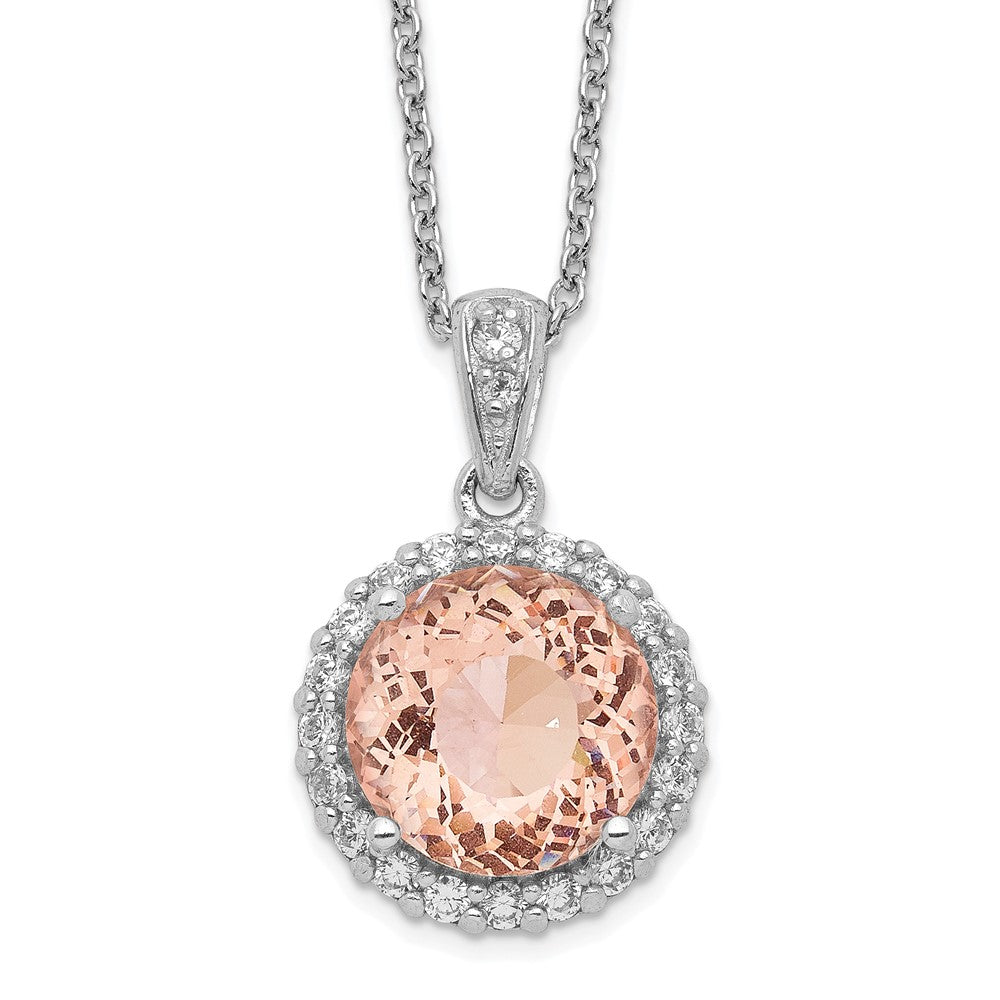 Cheryl M Sterling Silver Rhodium-plated 100 Facet Simulated Morganite and White Brilliant-cut CZ Halo 18 Inch Necklace, 18 x 14 mm