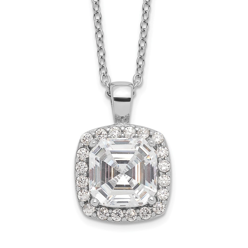 Cheryl M Sterling Silver Rhodium-plated Asscher-cut and Brilliant-cut CZ Halo 18 Inch Necklace, 18 x 11.35 mm