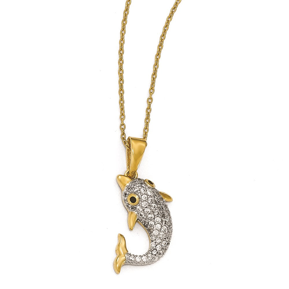 Cheryl M Sterling Silver Gold-plated w/ Rhodium CZ Dolphin 18in Necklace, 18 mm