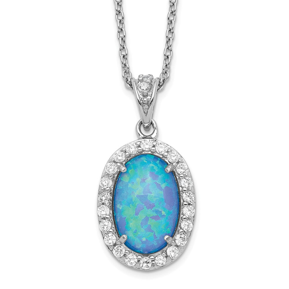 Cheryl M Sterling Silver Rhodium-plated Cabochon Lab Created Blue Opal and Brilliant-cut CZ Oval 18.5 Inch Necklace, 18.5 x 11.97 mm
