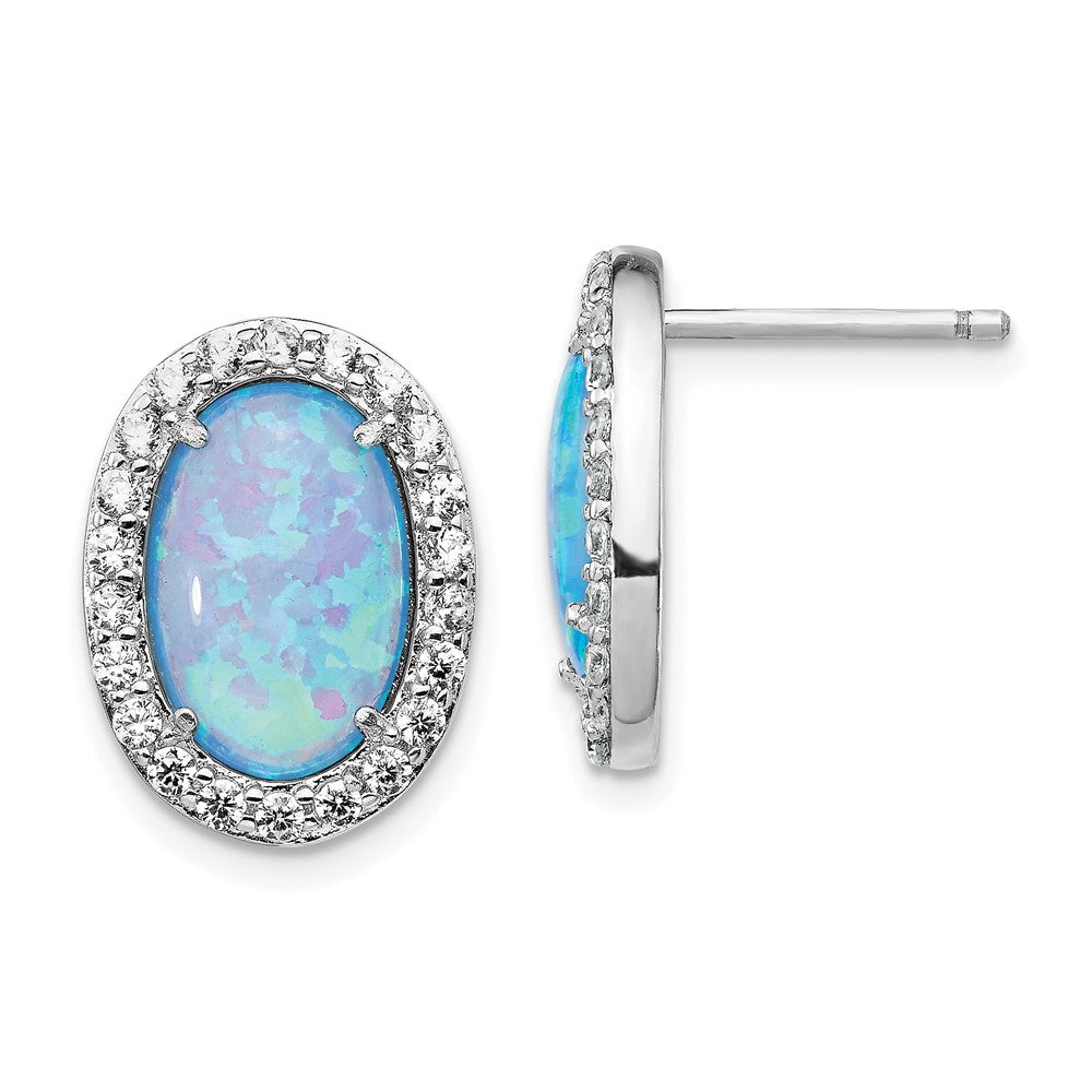 Cheryl M Sterling Silver Rhodium-plated Cabochon Lab Created Blue Opal and Brilliant-cut CZ Oval Post Earrings, 16 x 11.98 mm