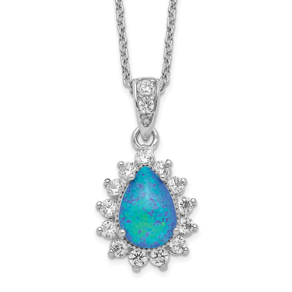 Cheryl M Sterling Silver Rhodium-plated Cabochon Lab Created Blue Opal and Brilliant-cut CZ Pear 18 Inch Necklace, 18 x 12.46 mm