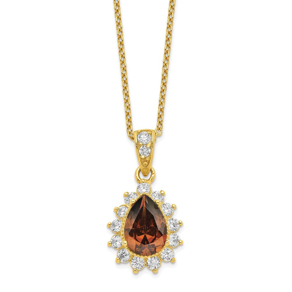 Cheryl M Sterling Silver Gold-plated Brown and White Brilliant-cut CZ Teardrop 18.5 Inch Necklace, 18.5 x 12.36 mm