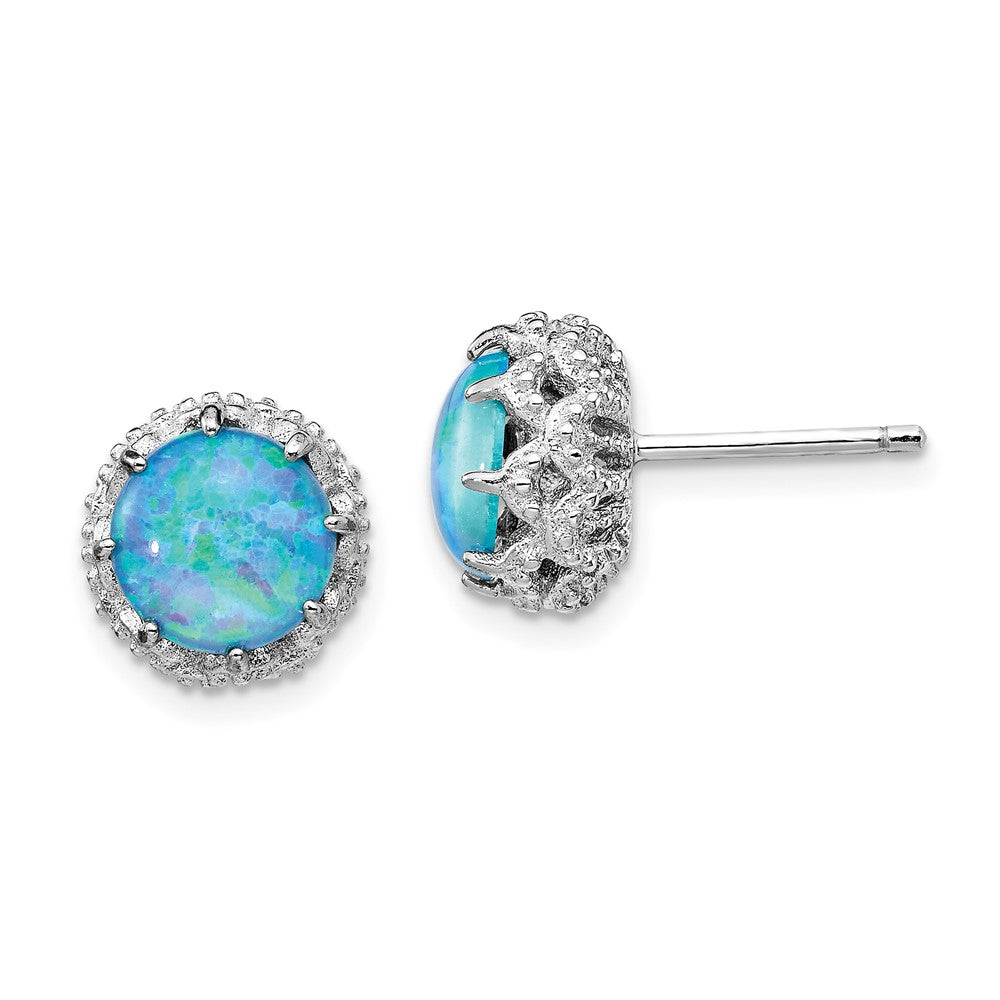 Cheryl M Sterling Silver Rhodium-plated Cabochon Lab Created Blue Opal and Brilliant-cut CZ Post Earrings, 10.21 x 10.37 mm