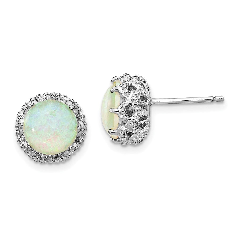 Cheryl M Sterling Silver Rhodium-plated Cabochon Lab Created Opal and Brilliant-cut CZ Post Stud Earrings, 10.29 x 10.37 mm