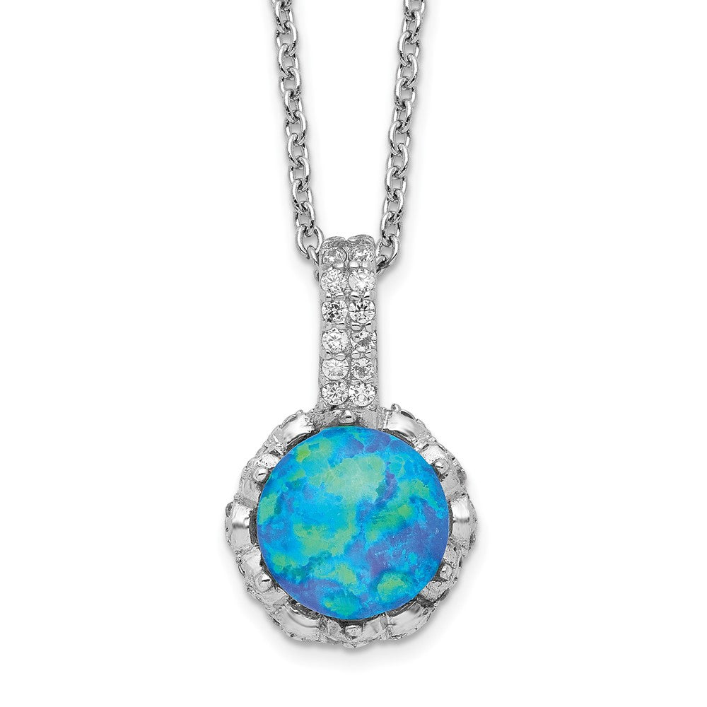 Cheryl M Sterling Silver Rhodium-plated Cabochon Lab Created Blue Opal and Brilliant-cut CZ 18.25 Inch Necklace, 18.25 x 10.59 mm