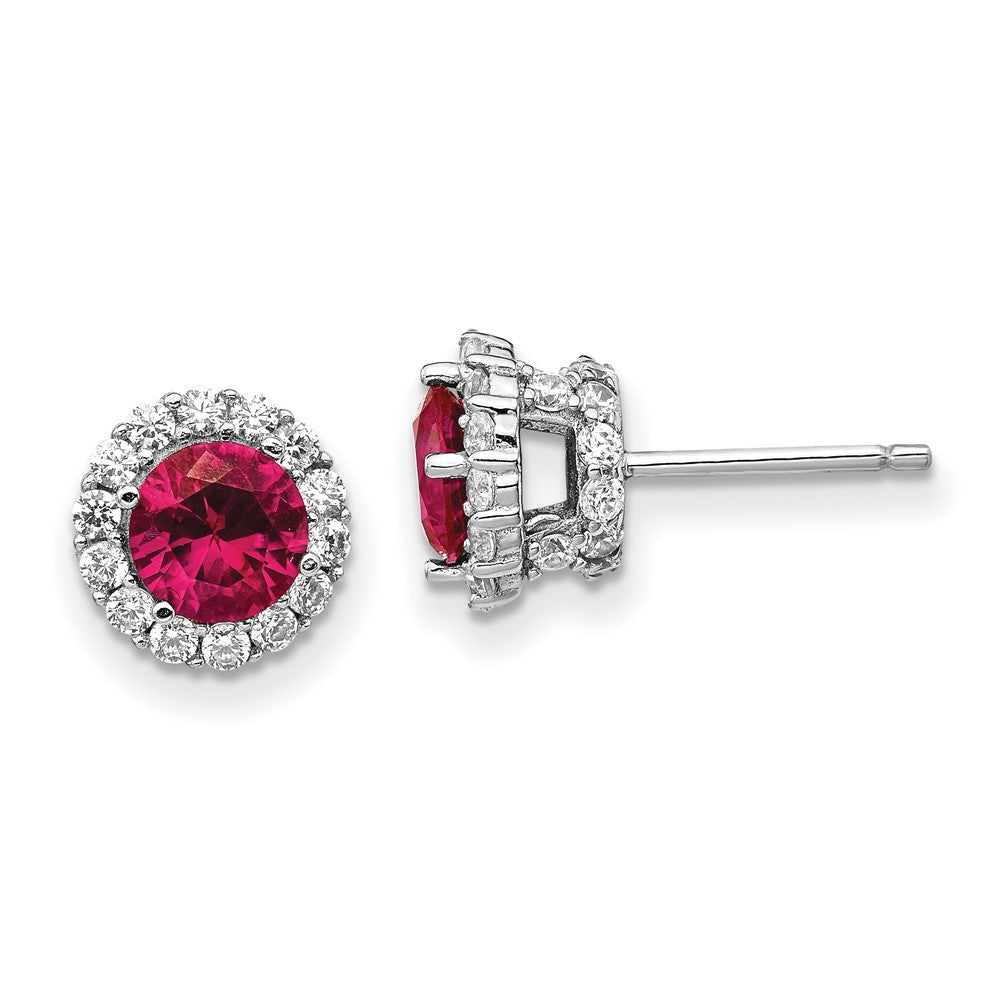 Cheryl M Sterling Silver Rhodium-plated Brilliant-cut Lab Created Ruby and Brilliant-cut White CZ Round Halo Post Earrings, 1.8 ct, 9.6 x 9.6 mm