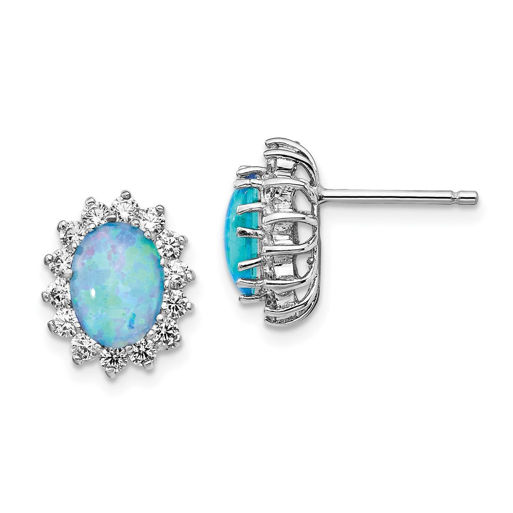 Cheryl M Sterling Silver Rhodium-plated Cabochon Lab Created Blue Opal and Brilliant-cut CZ Post Earrings, 12.1 x 10.16 mm