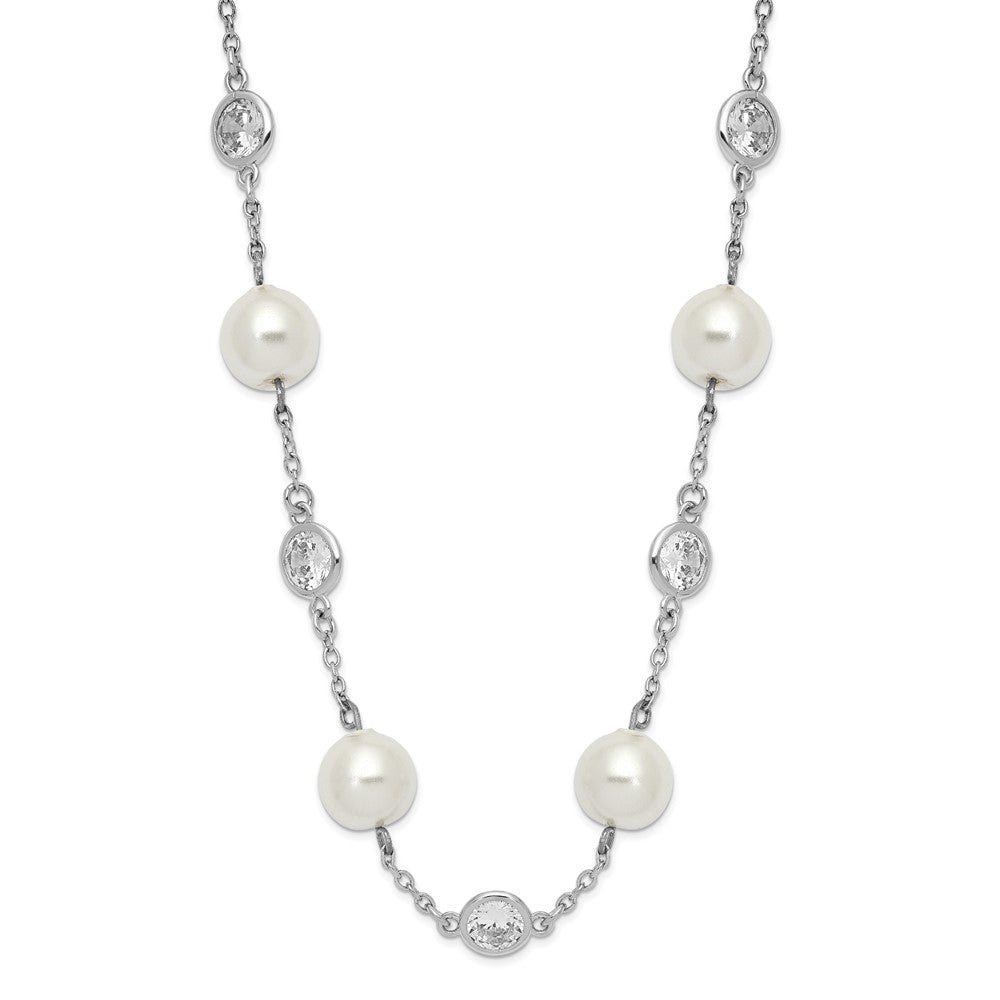 Cheryl M Sterling Silver Rhodium-plated Glass Pearl and Brilliant-cut CZ Bezel Station 18.25 Inch Necklace, 18.25 x 7.86 mm
