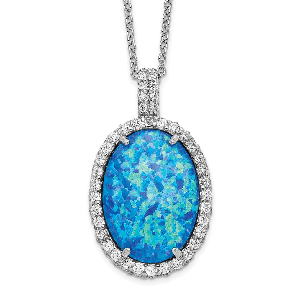 Cheryl M Sterling Silver Rhodium-plated Cabochon Lab Created Blue Opal and Brilliant-cut CZ Oval 18.5 Inch Necklace, 18.5 x 16.7 mm