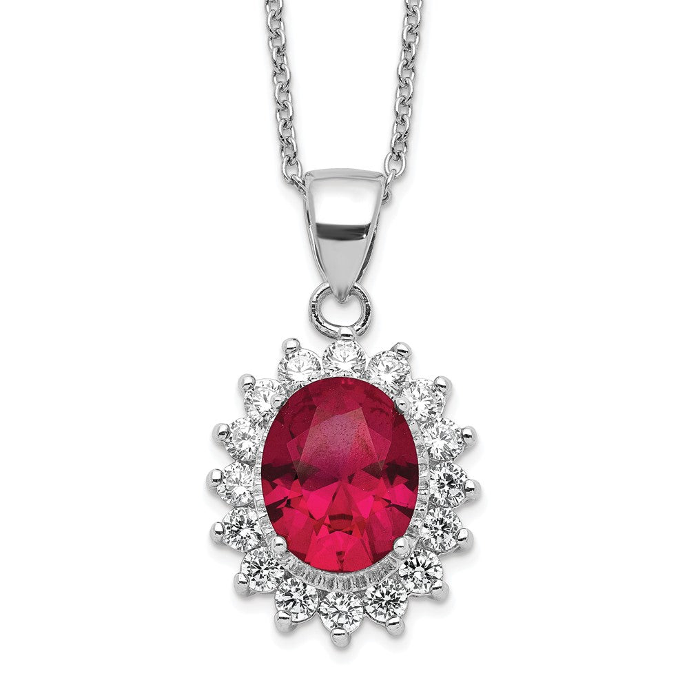 Cheryl M Sterling Silver Rhodium-plated Brilliant-cut Lab Created Ruby and Brilliant-cut White CZ Oval Halo 18.25 Inch Necklace, 5.5 ct, 18.25 x 14.3 mm