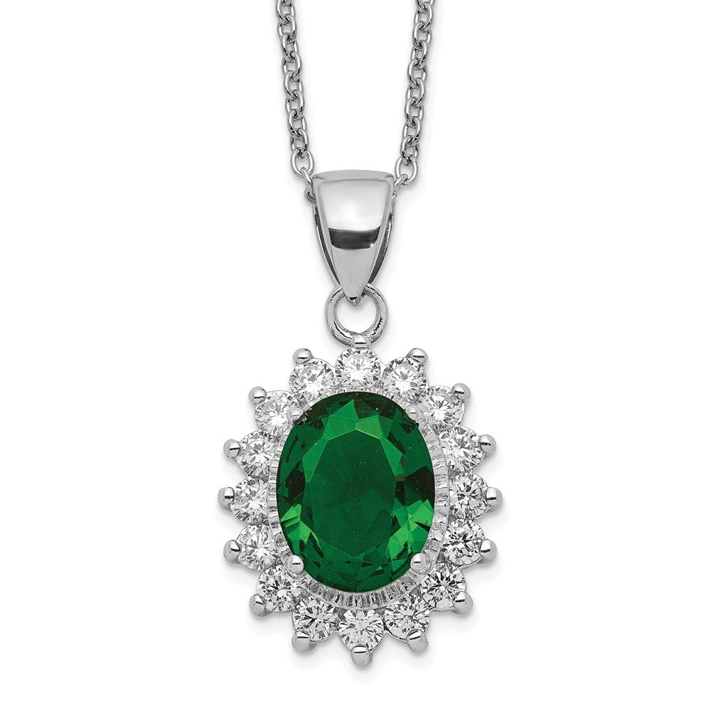 Cheryl M Sterling Silver Rhodium-plated Brilliant-cut Green Glass and Brilliant-cut White CZ Oval 18.25 Inch Necklace, 18.25 x 14.19 mm