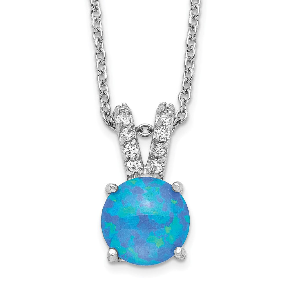 Cheryl M Sterling Silver Rhodium-plated Cabochon Lab Created Blue Opal and Brilliant-cut CZ Split Bail 18.5 Inch Necklace, 18.25 x 7.96 mm