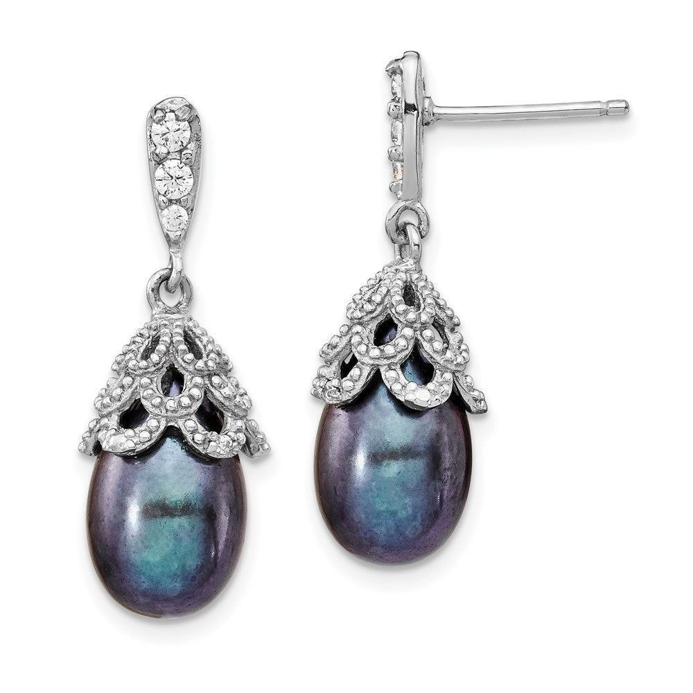 Cheryl M Sterling Silver Rhodium-plated Black Teardrop Freshwater Cultured Pearl and Brilliant-cut CZ Post Dangle Earrings, 26.45 x 9.5 mm