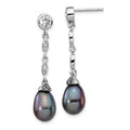 Cheryl M Sterling Silver Rhodium-plated Black Teardrop Freshwater Cultured Pearl and Brilliant-cut CZ Bezel Post Dangle Earrings, 36.75 x 7.88 mm
