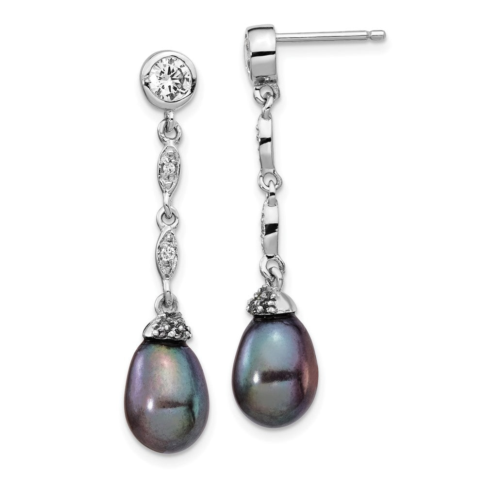Cheryl M Sterling Silver Rhodium-plated Black Teardrop Freshwater Cultured Pearl and Brilliant-cut CZ Bezel Post Dangle Earrings, 36.75 x 7.88 mm