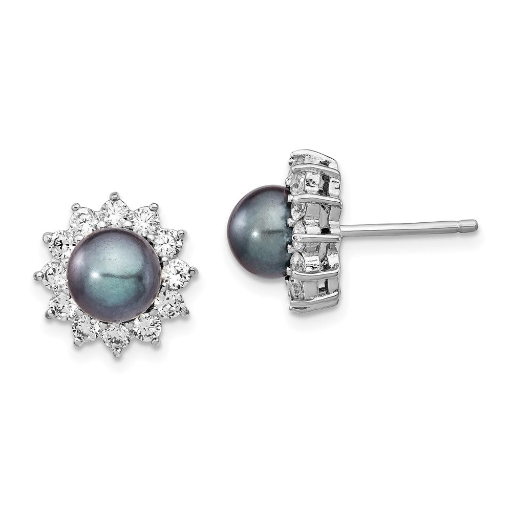 Cheryl M Sterling Silver Rhodium-plated Black Freshwater Cultured Pearl and Brilliant-cut CZ Post Earrings, 11.74 x 11.85 mm