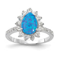 Cheryl M Sterling Silver Rhodium-plated Cabochon Lab Created Blue Opal and Brilliant-cut CZ Teardrop Shaped Ring, Size 7, 15.25 mm