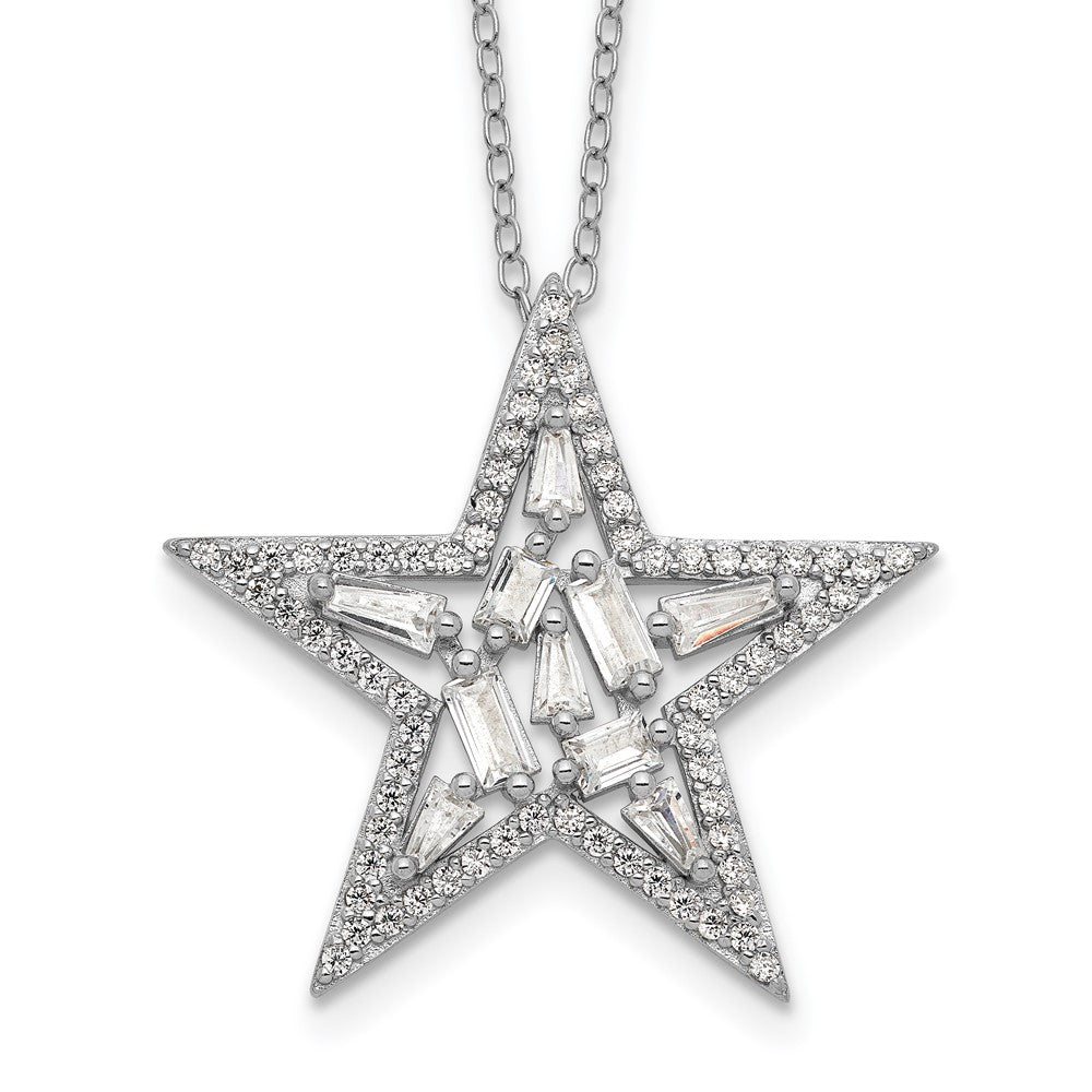 Cheryl M Sterling Silver Rhodium-plated Brilliant-cut Tapered Baguette-cut and Emerald-cut CZ Star 18 Inch Necklace, 18 x 27.21 mm