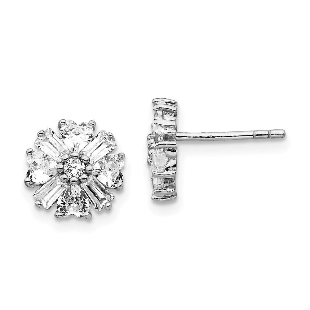 Cheryl M Sterling Silver Rhodium-plated Emerald-cut and Brilliant-cut CZ Cluster Post Earrings, 9.41 x 9.63 mm