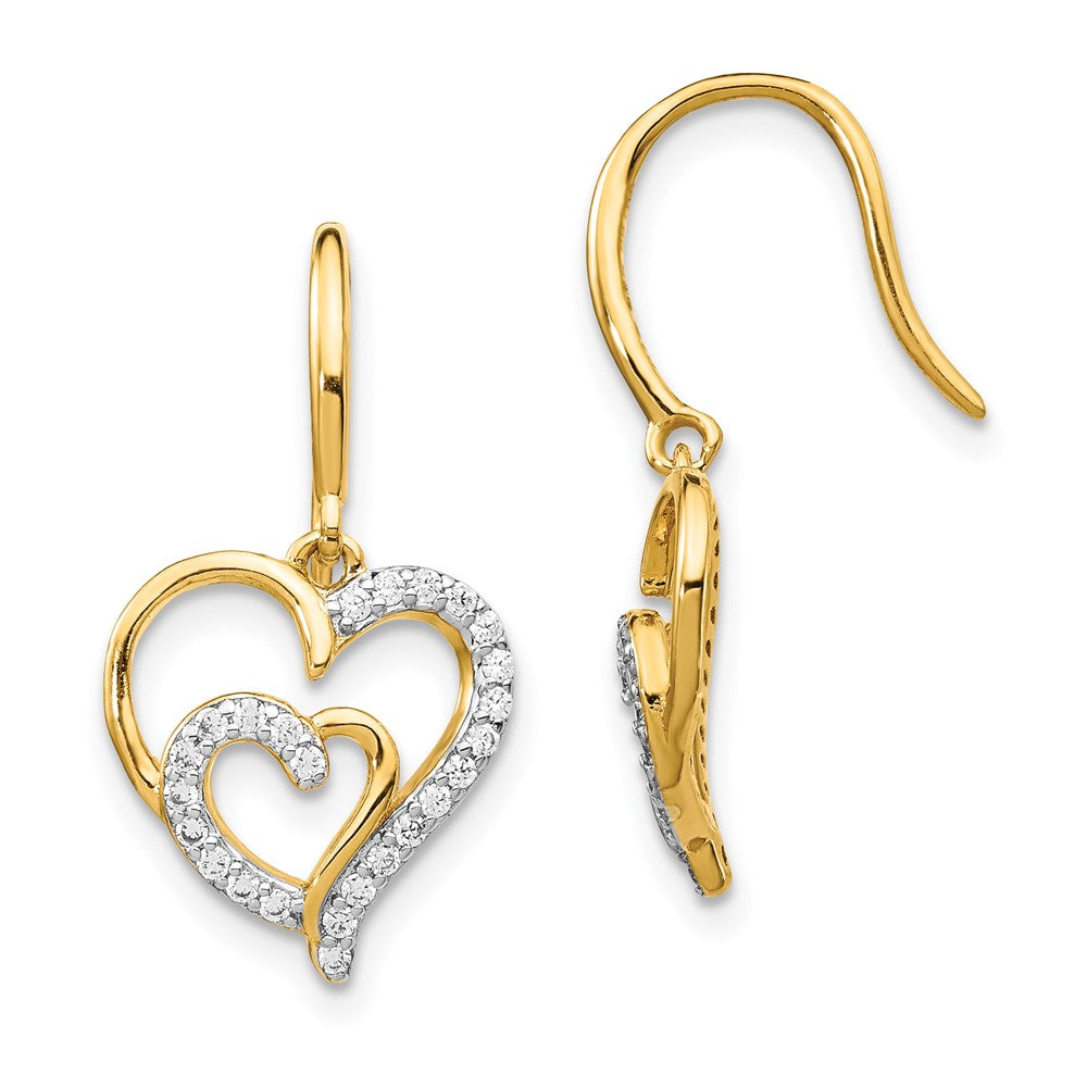 Cheryl M Sterling Silver Gold-plated Brilliant-cut CZ Heart Dangle Earrings, 13.08 x 11.93 mm