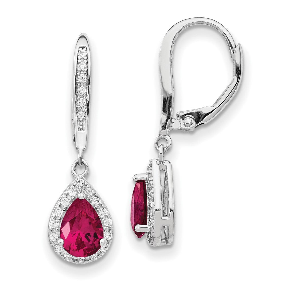 Cheryl M Sterling Silver Rhodium-plated Brilliant-cut Lab Created Ruby and Brilliant-cut White CZ Teardrop Leverback Dangle Earrings, 0.852 ct, 28 x 7.75 mm