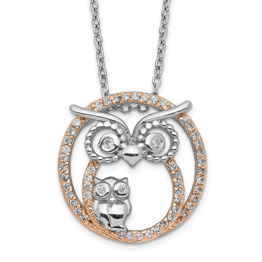 Cheryl M Sterling Silver Rhodium-plated and Rose Gold-plated Brilliant-cut CZ Owls Circle 18.25 Inch Necklace, 18.25 x 17.81 mm