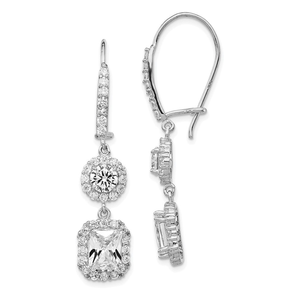 Cheryl M Sterling Silver Rhodium-plated Elongated Cushion-cut and Brilliant-cut CZ Halo Kidney Wire Dangle Earrings, 40 x 10 mm