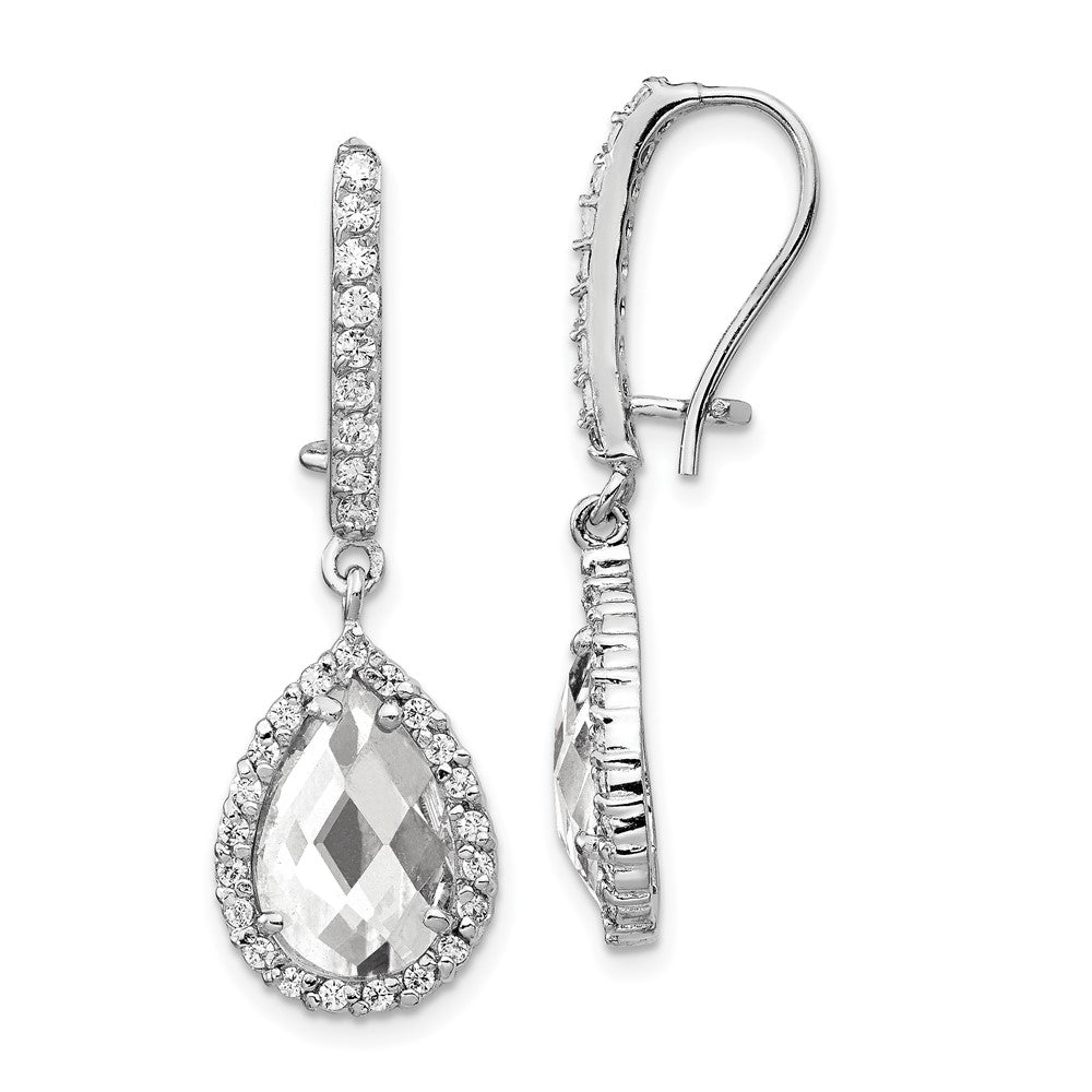 Cheryl M Sterling Silver Rhodium-plated Checkerboard-cut Pear Shaped and Brilliant-cut CZ Halo Kidney Wire Dangle Earrings, 34 x 12 mm
