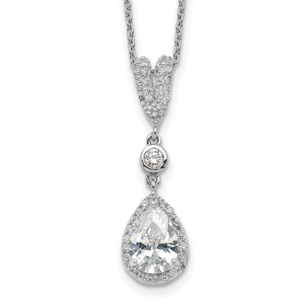 Cheryl M Sterling Silver Rhodium-plated Brilliant-cut CZ Teardrop and Bezel Halo 18 Inch Necklace, 18 x 10 mm