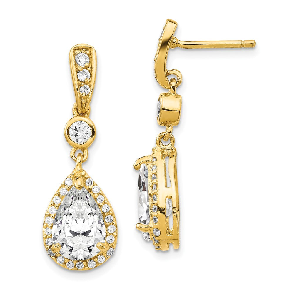 Cheryl M Sterling Silver Gold-plated Brilliant-cut CZ Teardrop and Bezel Halo Post Dangle Earrings, 27 x 9 mm