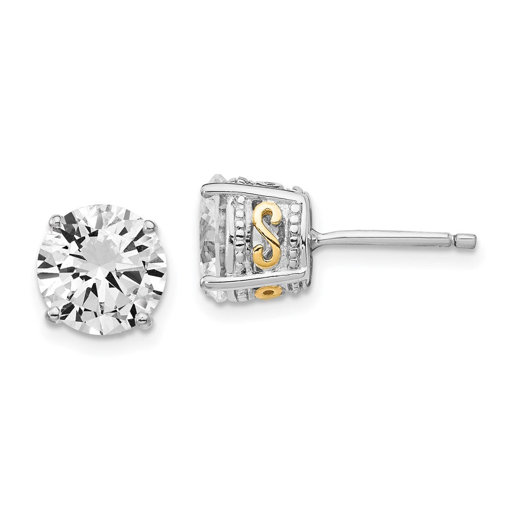 Cheryl M Sterling Silver Rhodium-plated with Gold-plated Accent Brilliant-cut 8mm CZ Stud Post Earrings, 8 x 8 mm
