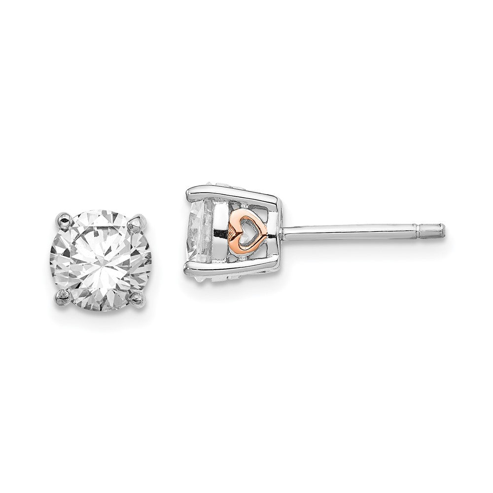 Cheryl M Sterling Silver Rhodium-plated and Rose Gold-plated Accent Heart Brilliant-cut CZ Stud Post Earrings, 6.5 x 6.5 mm