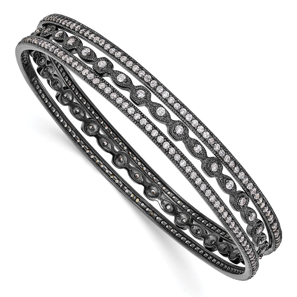Cheryl M Sterling Silver Black-plated CZ Three Bangle Set, 8 x 4 mm