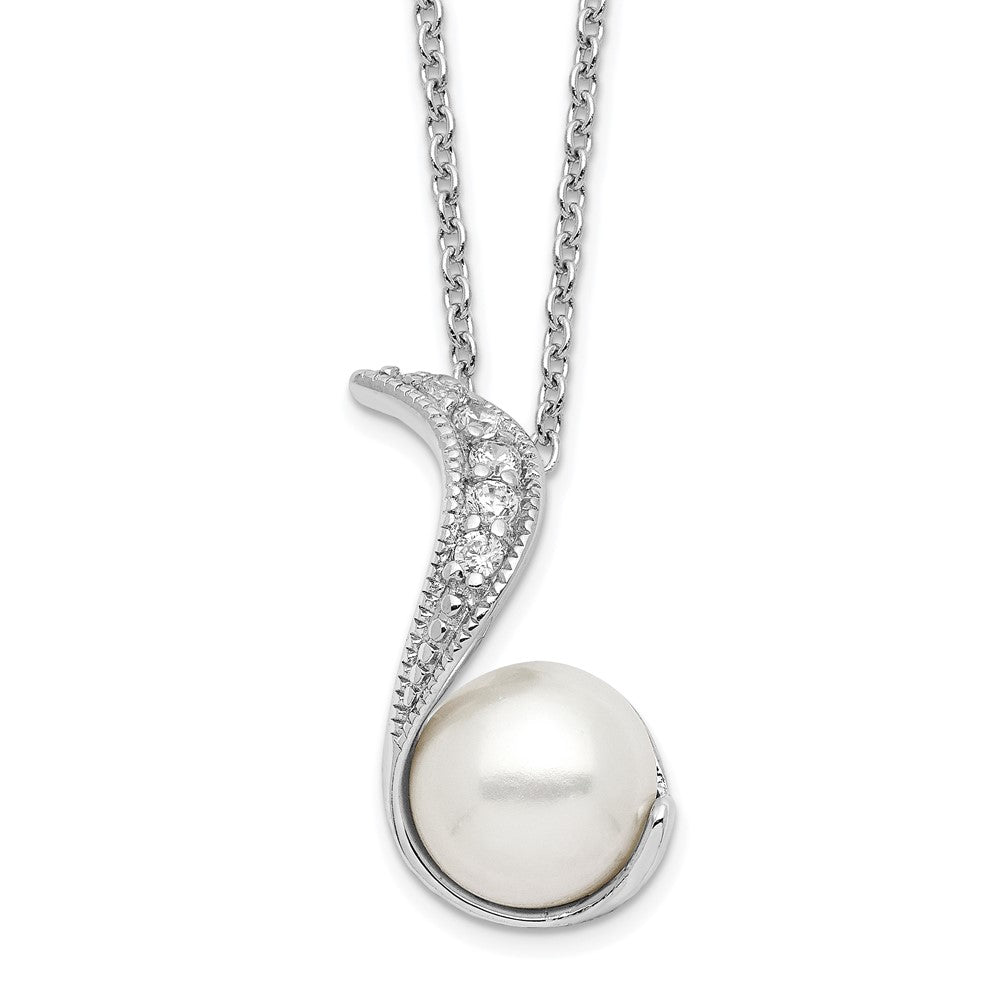 Cheryl M Sterling Silver Rhodium-plated Freshwater Cultured Pearl and Brilliant-cut CZ Swirl 18 Inch Necklace, 18 x 9 mm