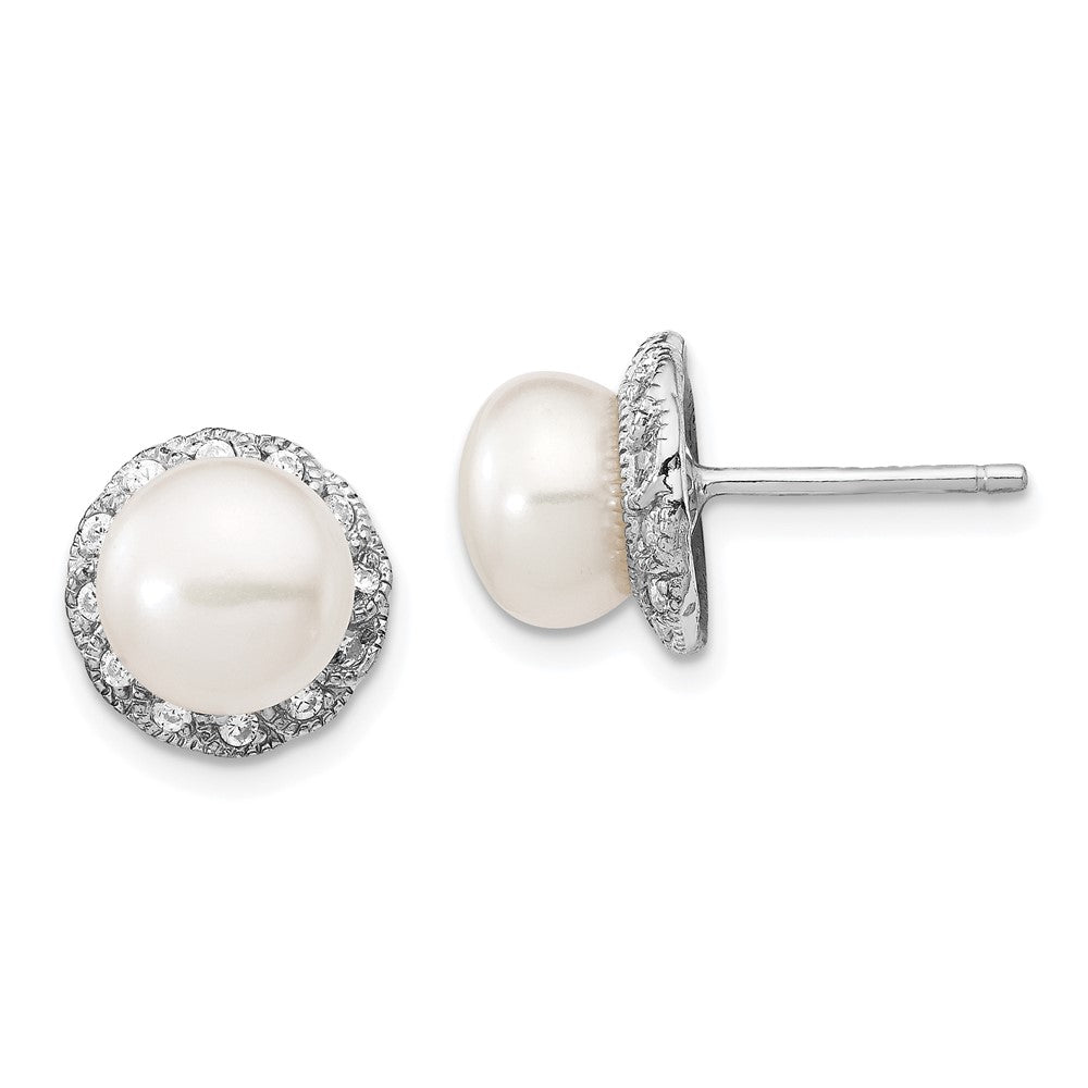 Cheryl M Sterling Silver Rhodium-plated White Freshwater Cultured Pearl and Brilliant-cut CZ Post Earrings, 11 x 11 mm