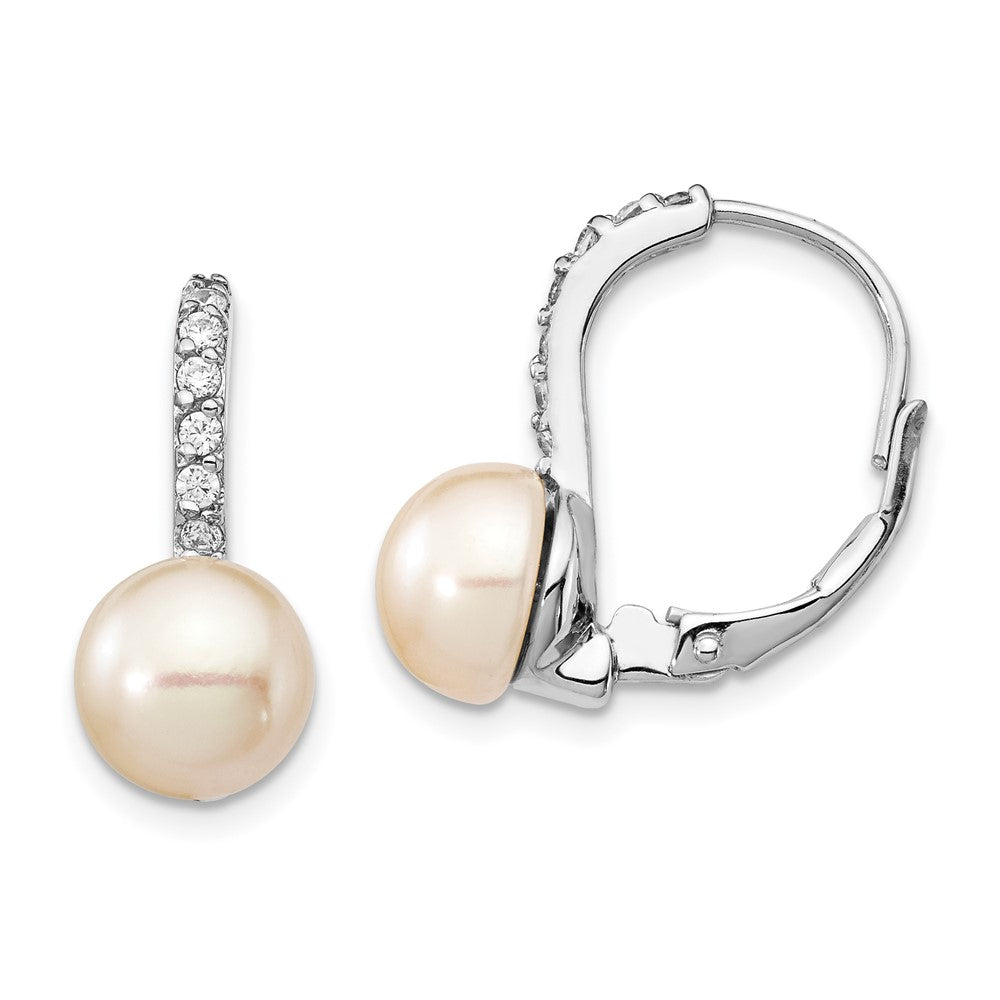 Cheryl M Sterling Silver Rhodium-plated Freshwater Cultured Pearl and Brilliant-cut CZ Leverback Earrings, 17 x 7 mm