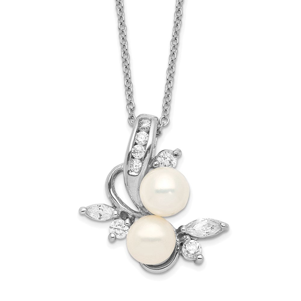 Cheryl M Sterling Silver Rhodium-plated Freshwater Cultured Pearl and Brilliant-cut CZ Leaves 18 Inch Necklace, 18 x 20 mm