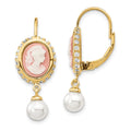 Cheryl M Sterling Silver Gold-plated Glass Pearl Brilliant-cut CZ & Resin Cameo Leverback Dangle Earrings, 28 x 11 mm