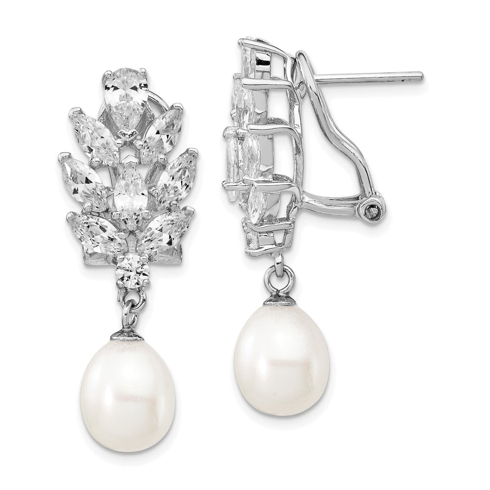 Cheryl M Sterling Silver Rhodium-plated Teardrop Freshwater Cultured Pearl Marquise-cut and Brilliant-cut CZ Fancy Omega Back Dangle Earrings, 36 x 13 mm